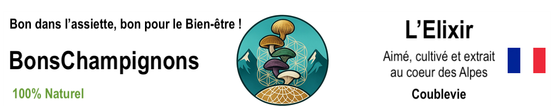 BonsChampignons l'Elixir aimé, cultivé et extrait au coeur des Alpes, Coublevie, FRANCE.